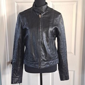 Vintage Ykk Motorcycle Cropped Front Zip Slim Tailored Genuine Leather Jacket